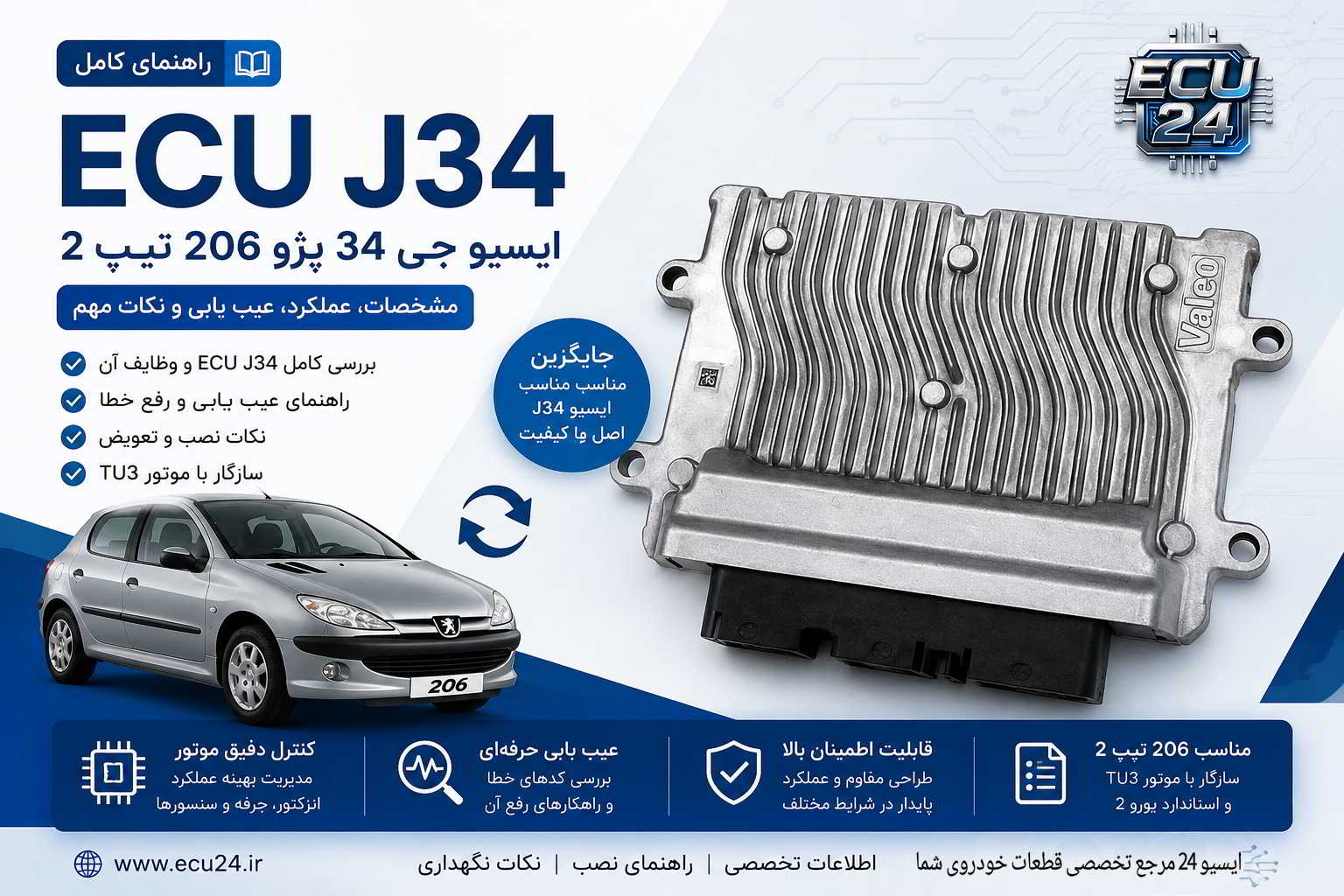 ایسیو J34 پژو 206 تیپ 2 چیست؟ بررسی کامل ECU Valeo J34
